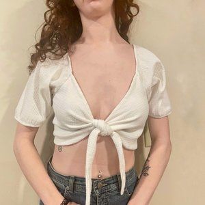 White Tie-Front White Puff Sleeve Crop Top